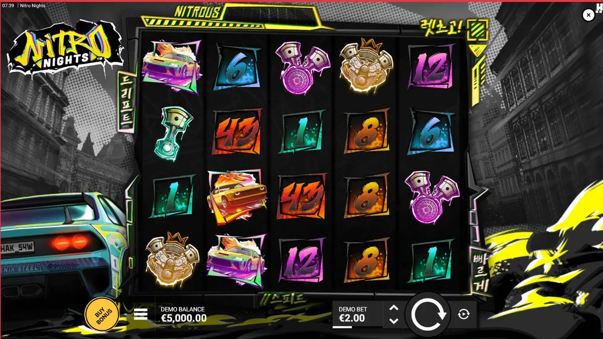 Tampilan antarmuka seluler slot Nitro Nights dengan grafis neon yang tajam